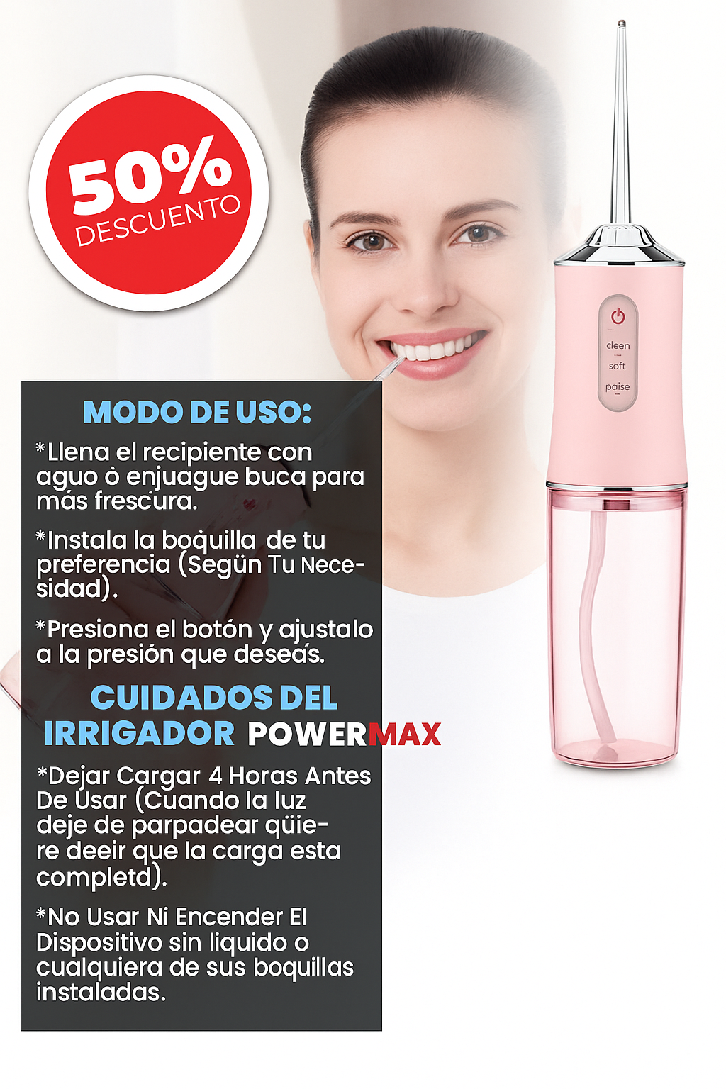 IRRIGADOR BUCAL POWER MAX + 4 BOQUILLAS GRATIS